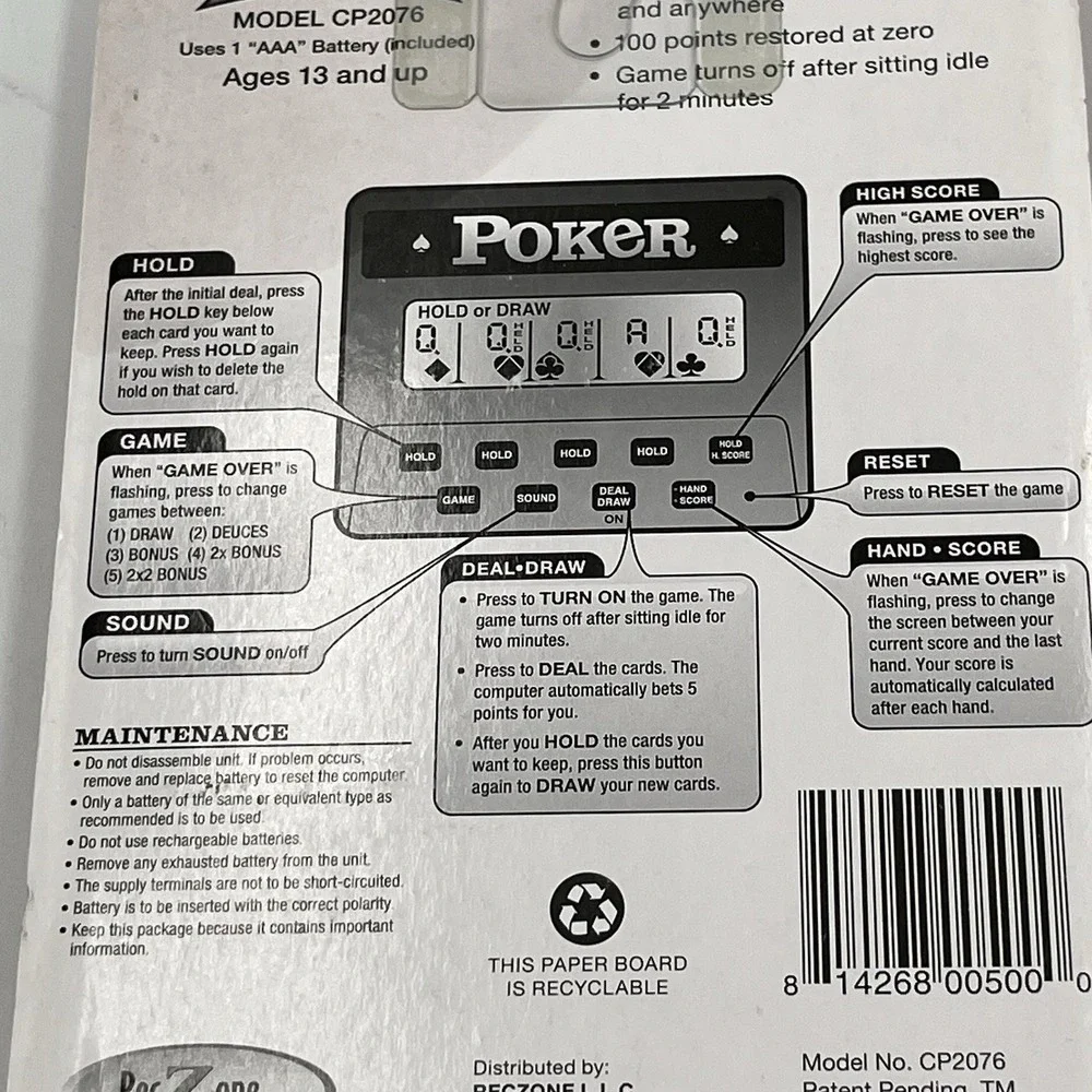 RecZone Electronic Handheld 5 in 1 Poker Game CP2076 Brand New‎ Sealed -Works!